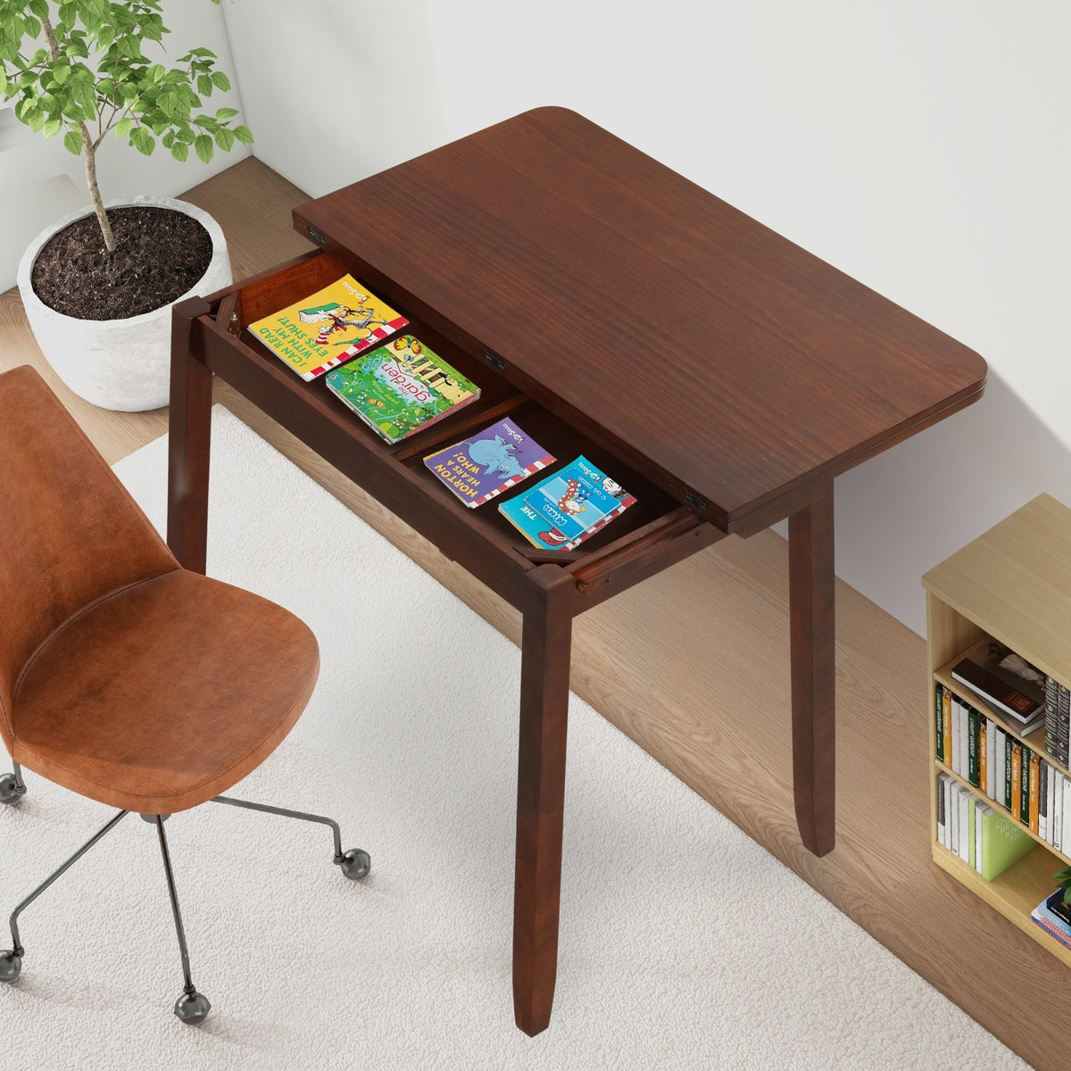 Mid Century Folding Dining Table for 4 People Extendable Kitchen Table with Hidden Storage-Brown view 3