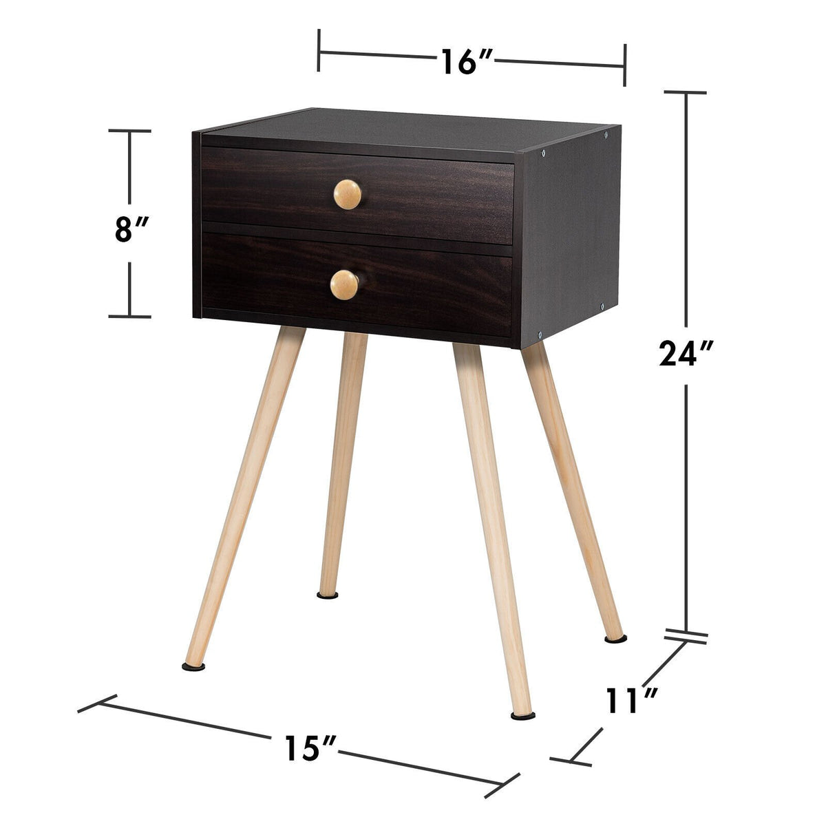 Mid Century Modern 2 Drawers Nightstand in Natural-Brown view 5