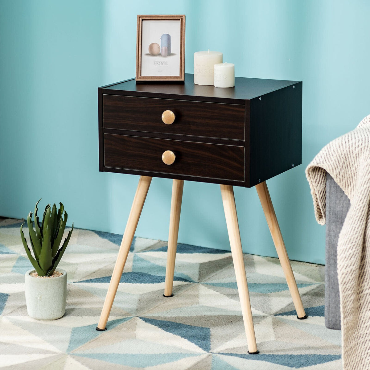 Mid Century Modern 2 Drawers Nightstand in Natural-Brown view 6
