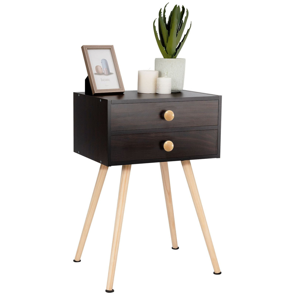 Mid Century Modern 2 Drawers Nightstand in Natural-Brown view 7
