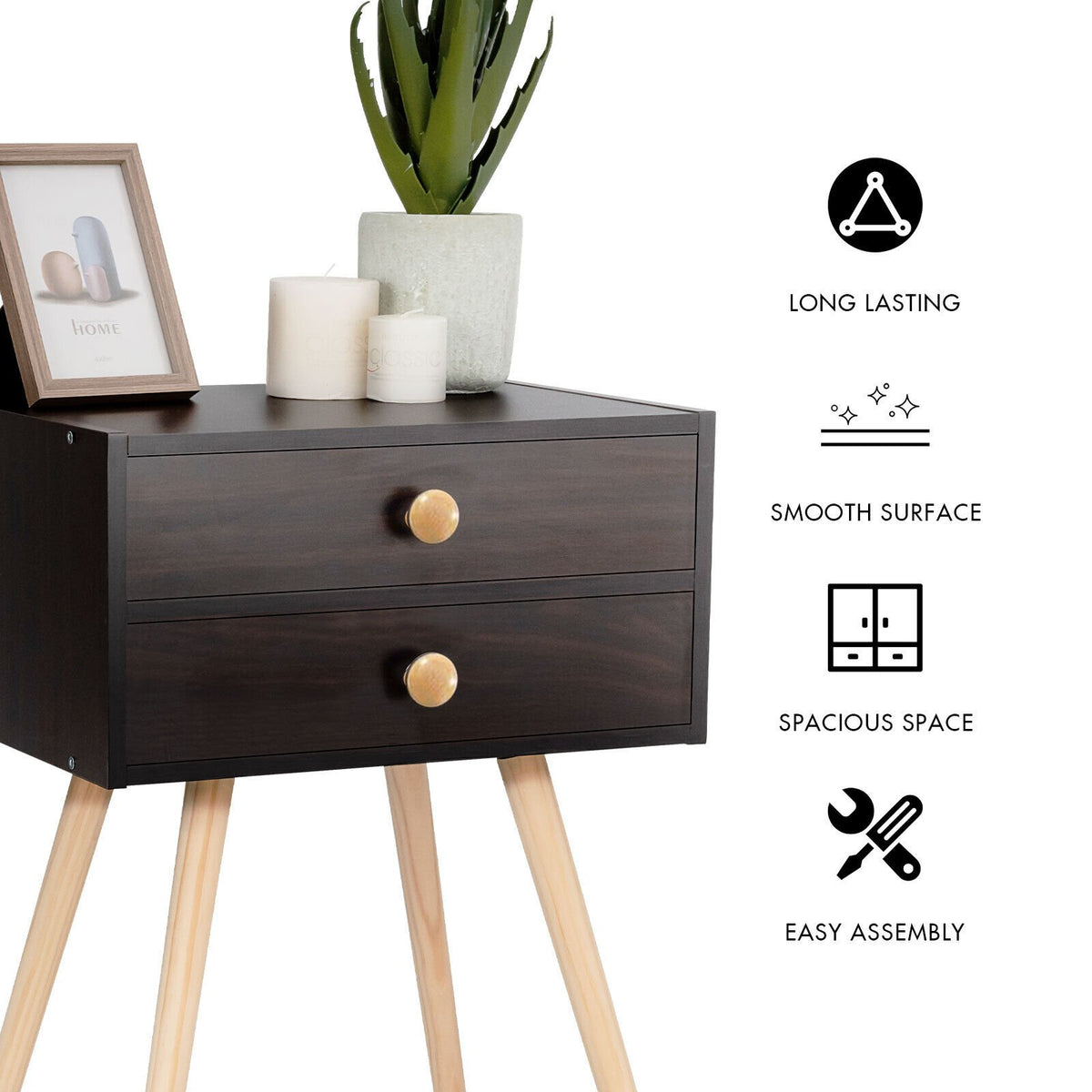 Mid Century Modern 2 Drawers Nightstand in Natural-Brown view 9