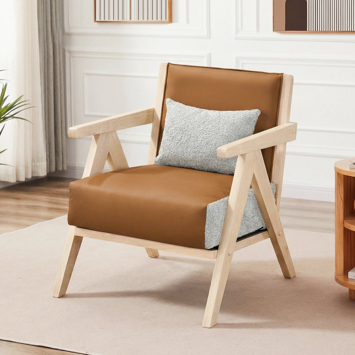 Mid-Century Modern Accent Chair Artificial Leather Sofa Chair with Rubber Wood Frame-Brown view 2