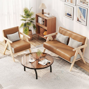 Mid-Century Modern Accent Chair Artificial Leather Sofa Chair with Rubber Wood Frame-Brown view 6