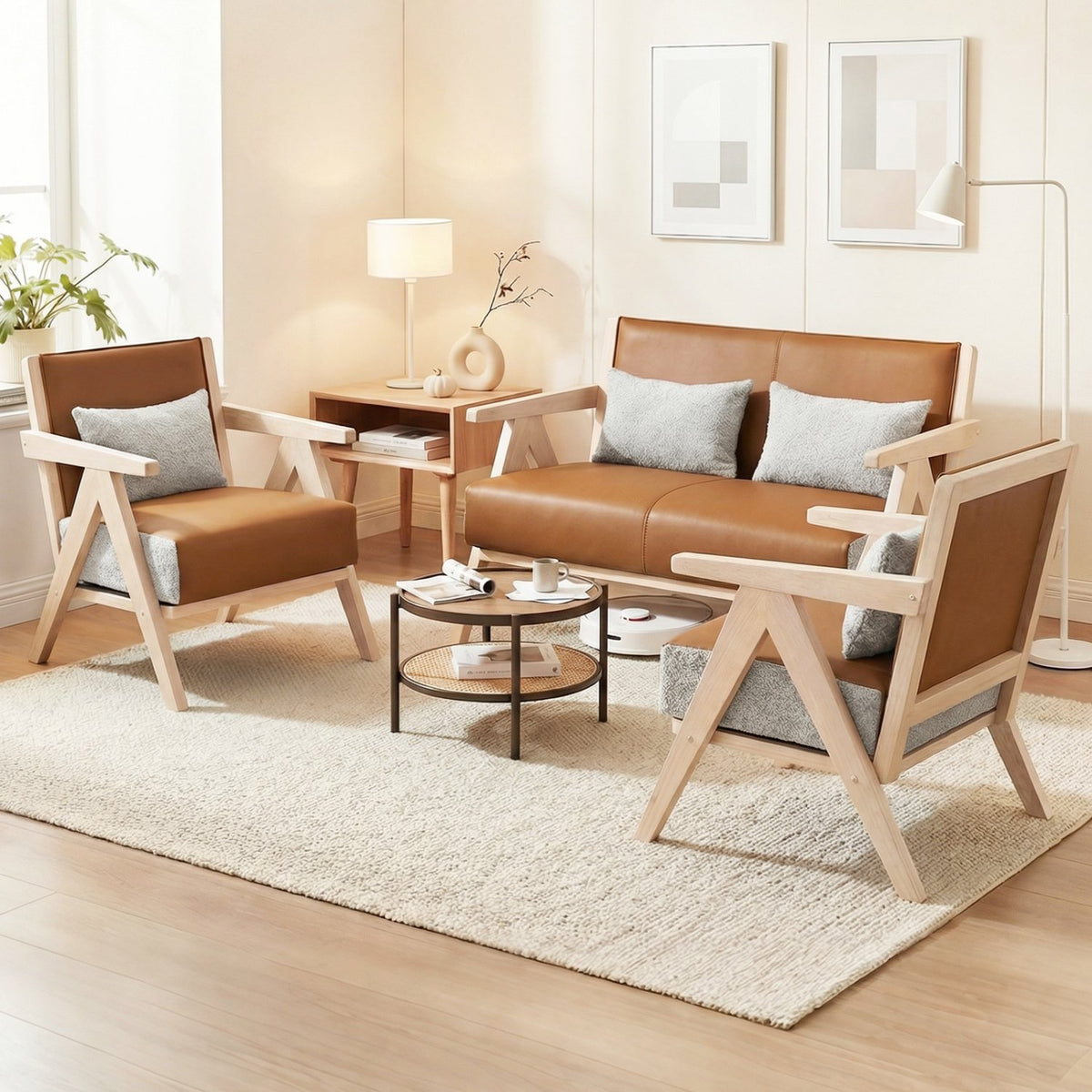Mid-Century Modern Accent Chair Artificial Leather Sofa Chair with Rubber Wood Frame-Brown view 7