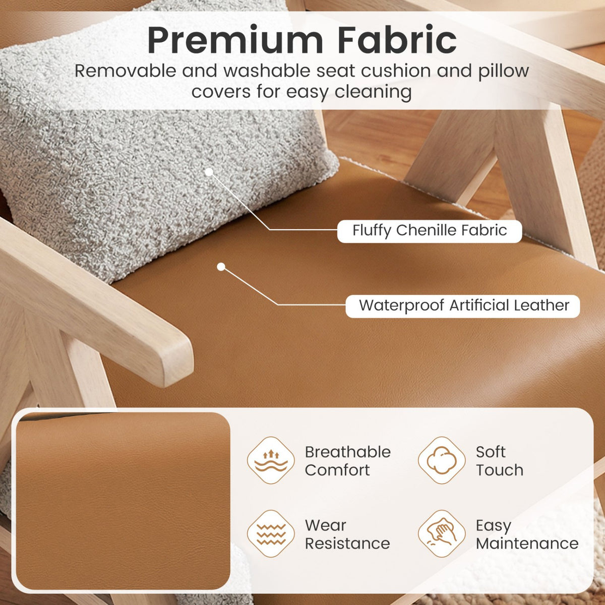 Mid-Century Modern Accent Chair Artificial Leather Sofa Chair with Rubber Wood Frame-Brown view 8