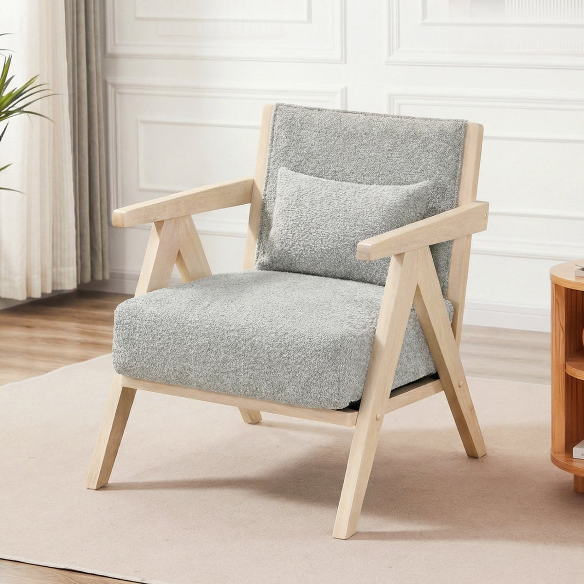 Mid-Century Modern Accent Chair Artificial Leather Sofa Chair with Rubber Wood Frame-Gray view 2