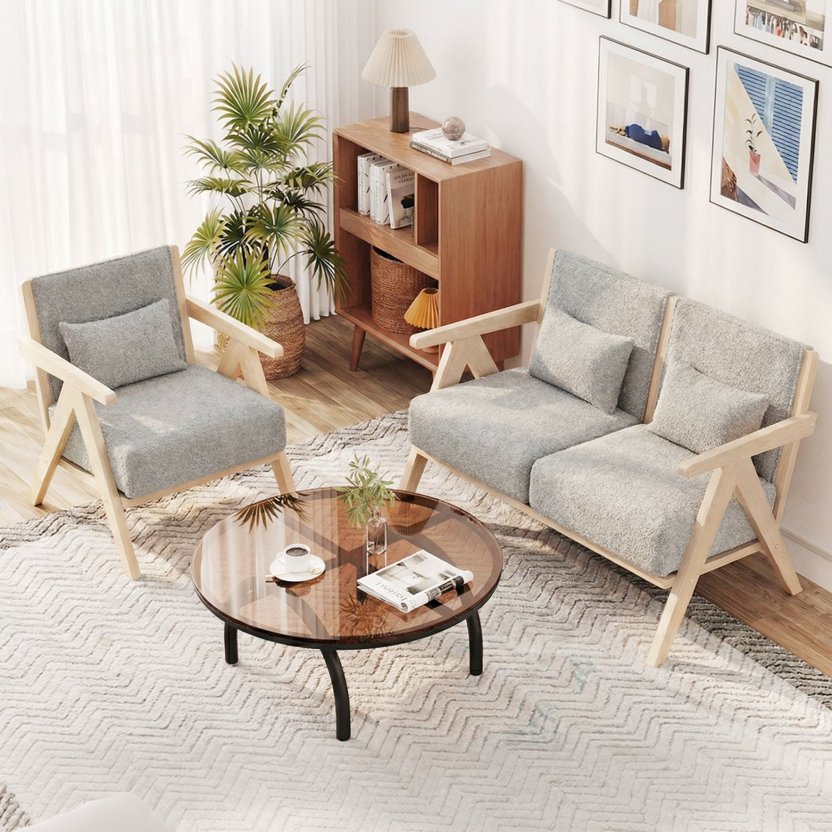 Mid-Century Modern Accent Chair Artificial Leather Sofa Chair with Rubber Wood Frame-Gray view 6