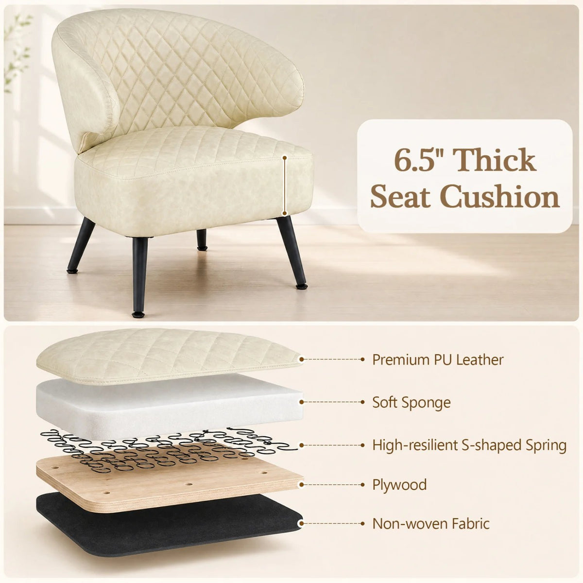 Mid Century Modern Accent Chair Comfy PU Leather Upholstered Armchair-White view 6