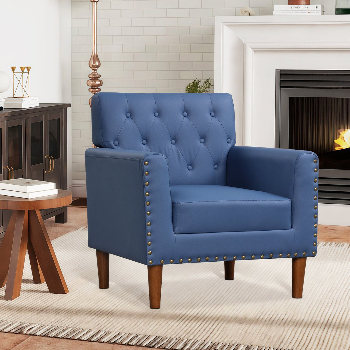 Mid Century Modern Accent Chair with Button Tufted Decoration and Rivets-Blue view 2