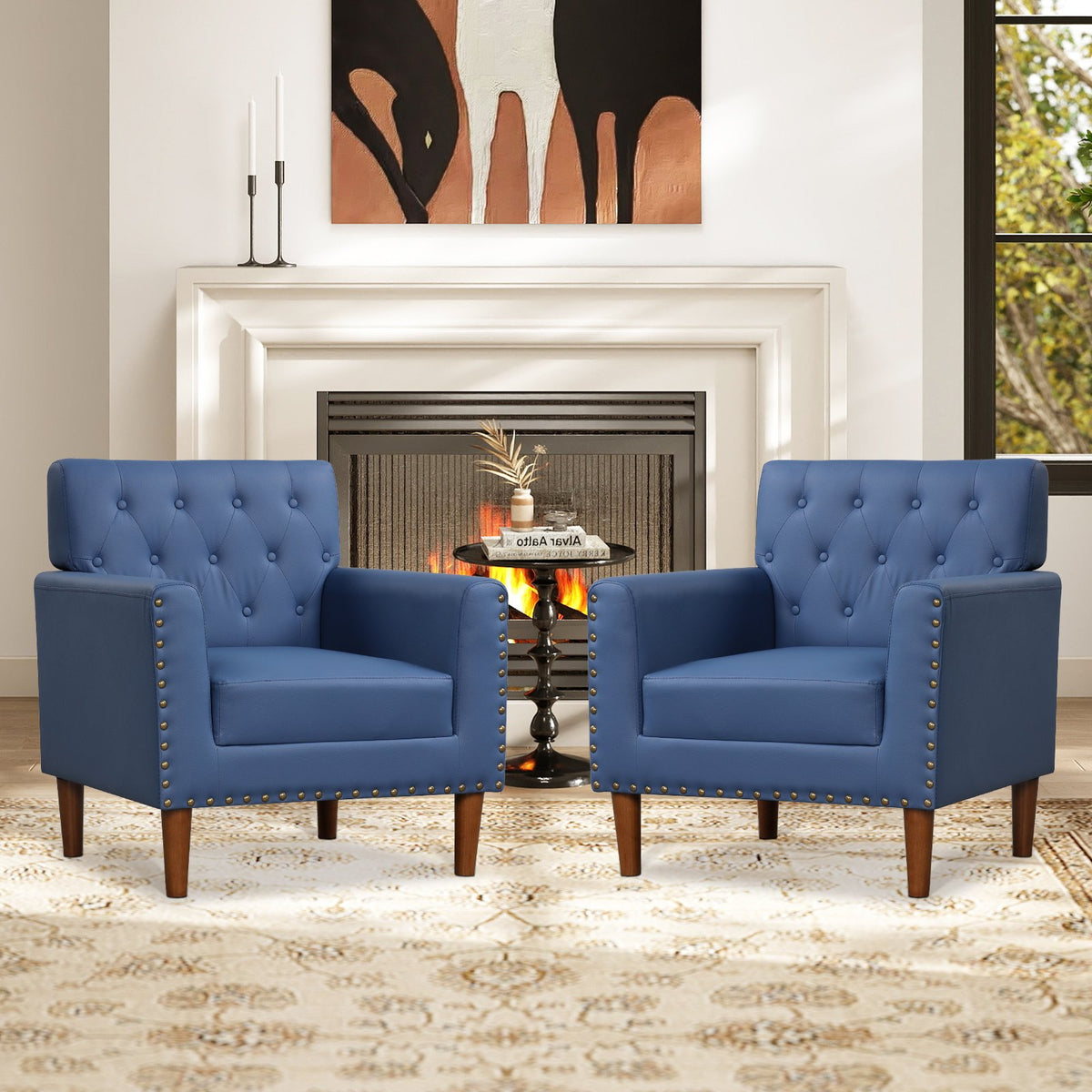 Mid Century Modern Accent Chair with Button Tufted Decoration and Rivets-Blue view 5