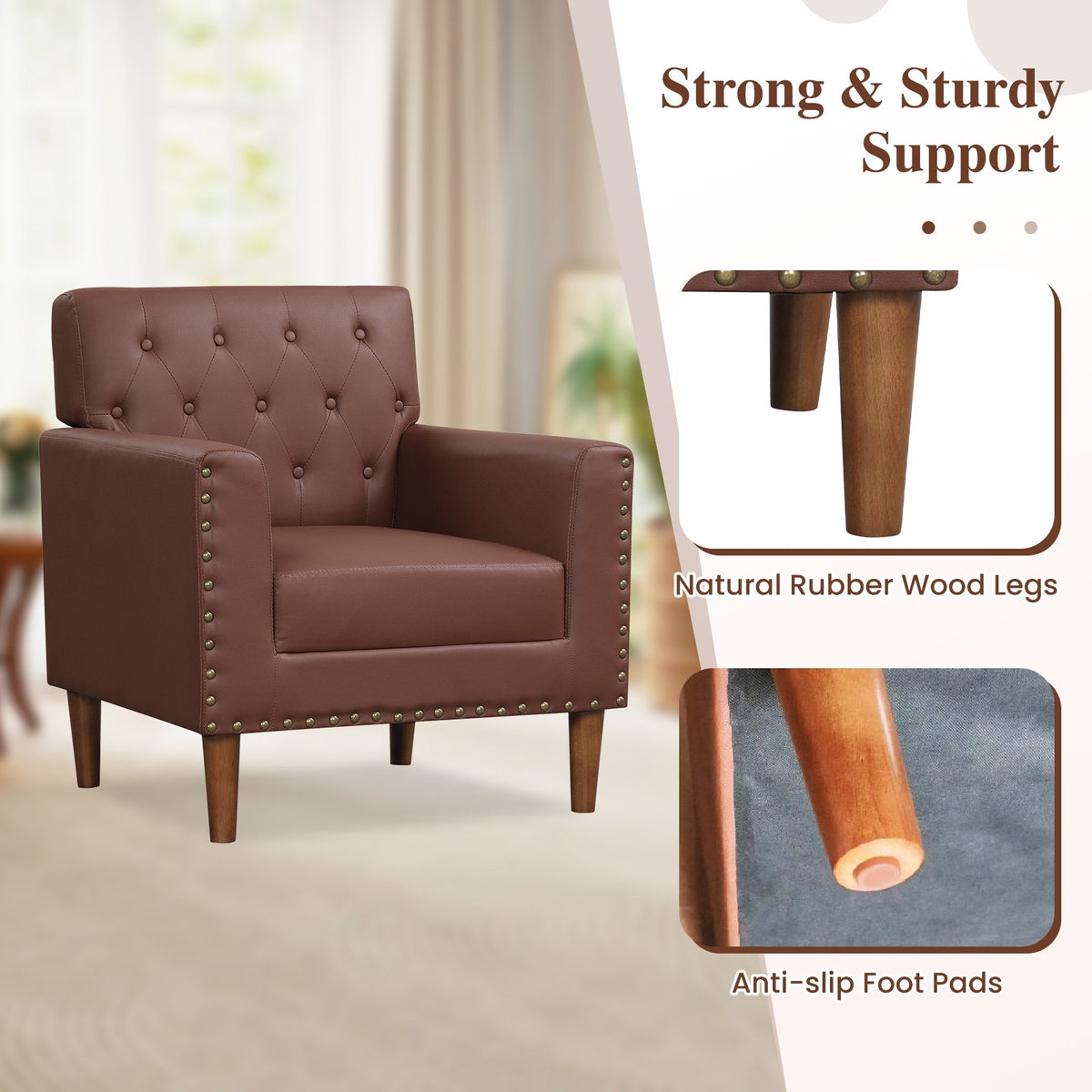 Mid Century Modern Accent Chair with Button Tufted Decoration and Rivets-Brown view 7