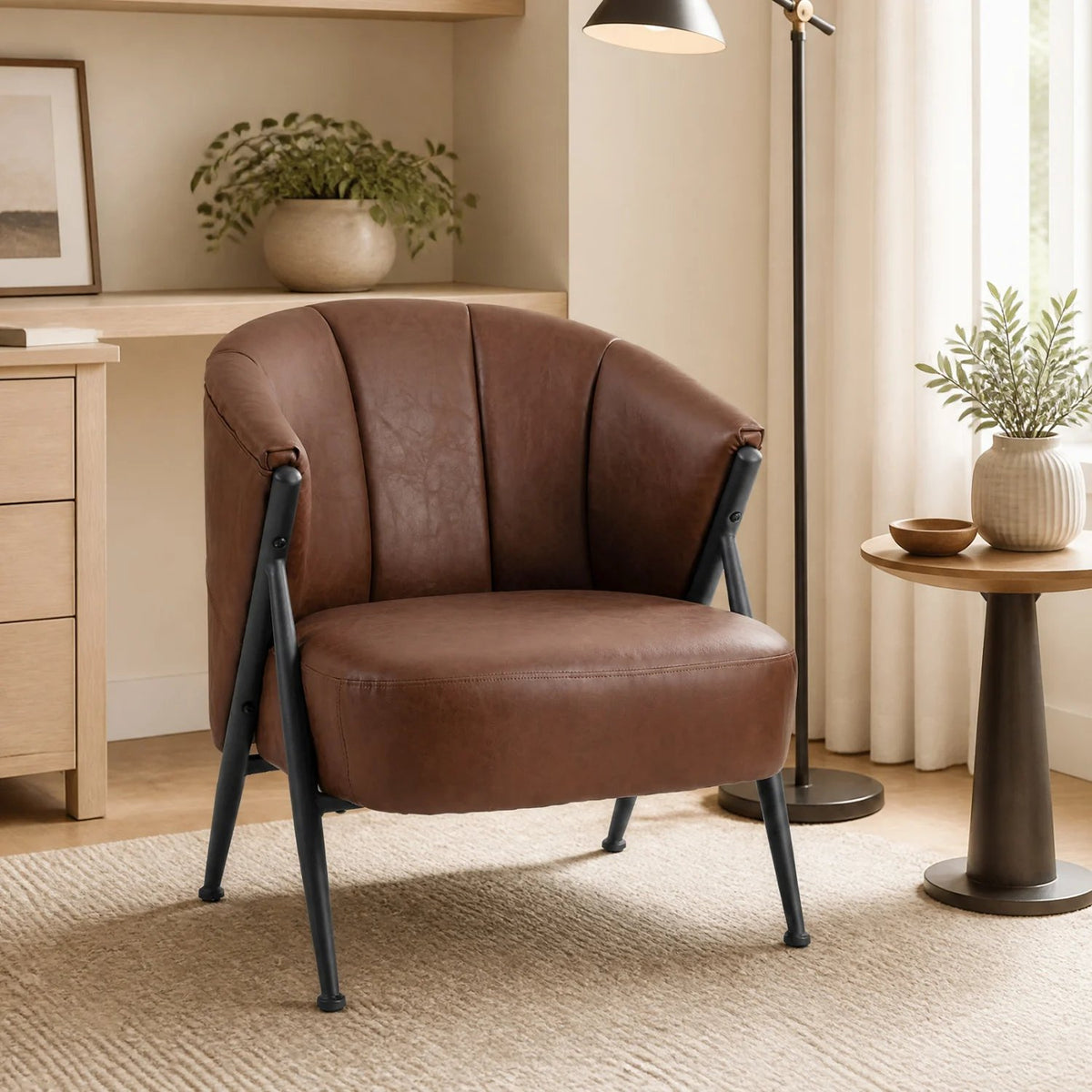 Mid Century Modern Accent Chair with Curved Backrest and Wide Seat Comfy Armchair-Brown view 2