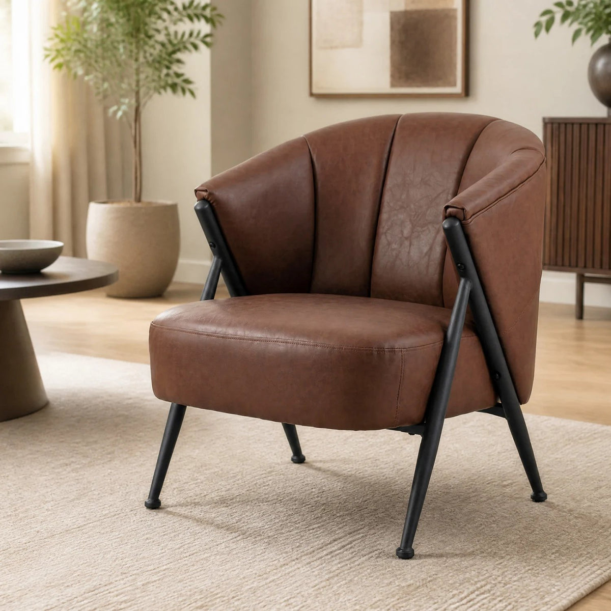 Mid Century Modern Accent Chair with Curved Backrest and Wide Seat Comfy Armchair-Brown view 3
