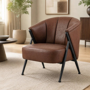 Mid Century Modern Accent Chair with Curved Backrest and Wide Seat Comfy Armchair-Brown view 3