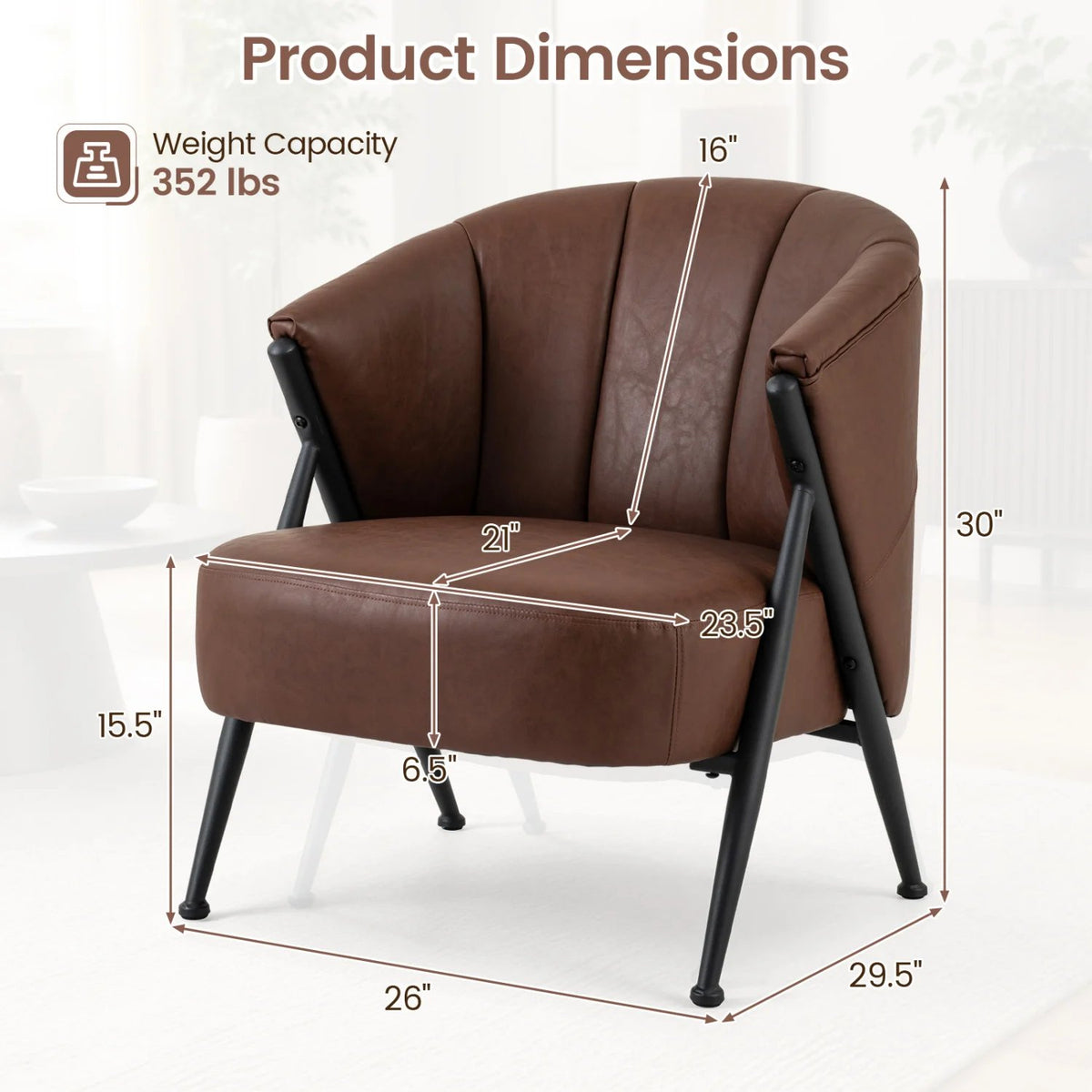 Mid Century Modern Accent Chair with Curved Backrest and Wide Seat Comfy Armchair-Brown view 4