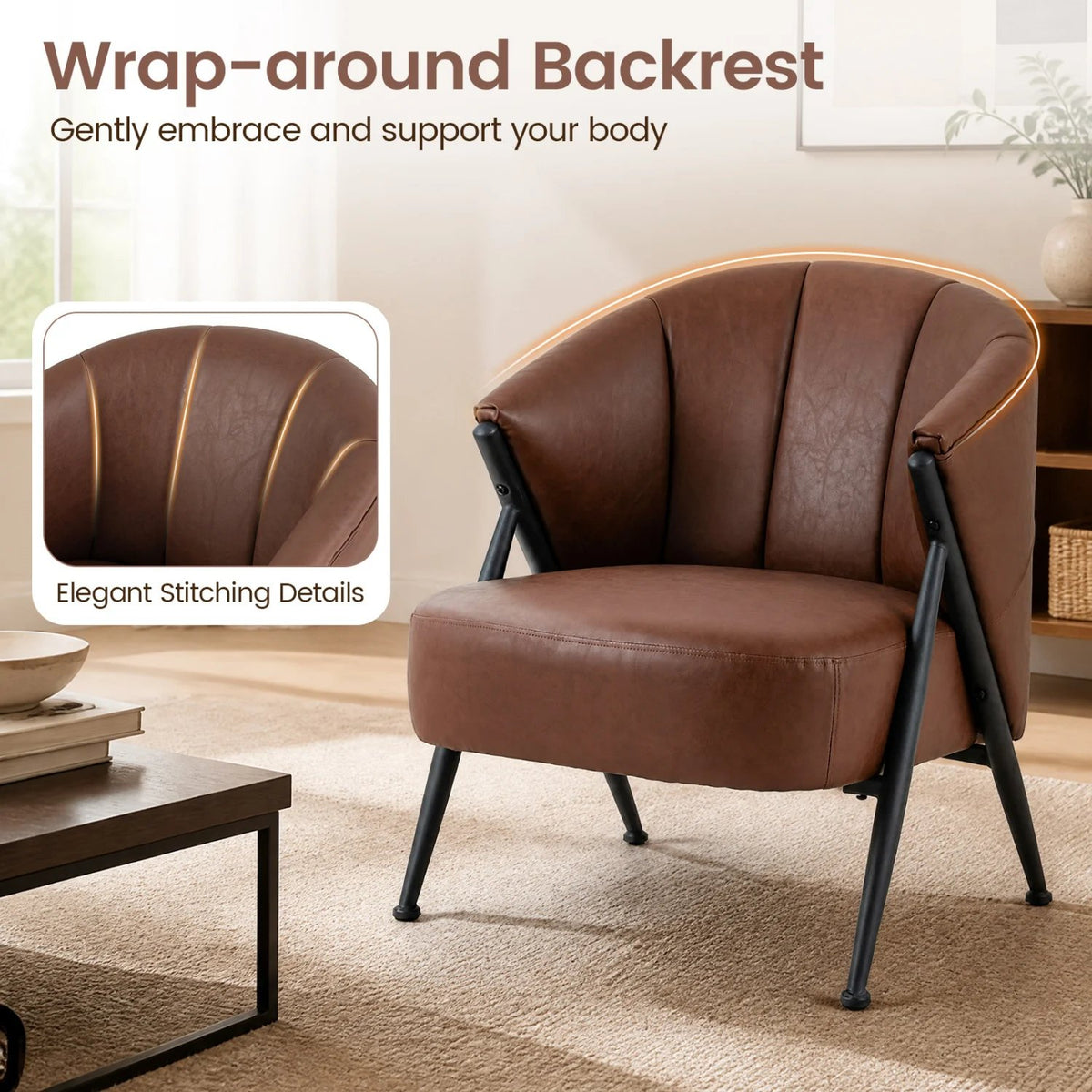 Mid Century Modern Accent Chair with Curved Backrest and Wide Seat Comfy Armchair-Brown view 5