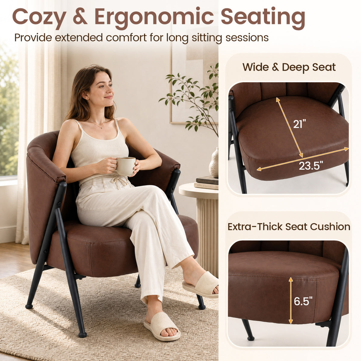 Mid Century Modern Accent Chair with Curved Backrest and Wide Seat Comfy Armchair-Brown view 6