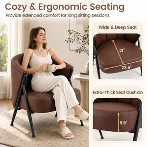 Mid Century Modern Accent Chair with Curved Backrest and Wide Seat Comfy Armchair-Brown view 6