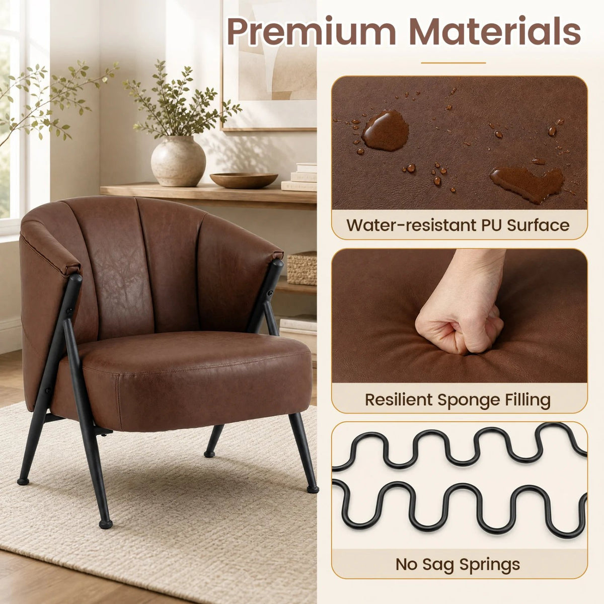 Mid Century Modern Accent Chair with Curved Backrest and Wide Seat Comfy Armchair-Brown view 7