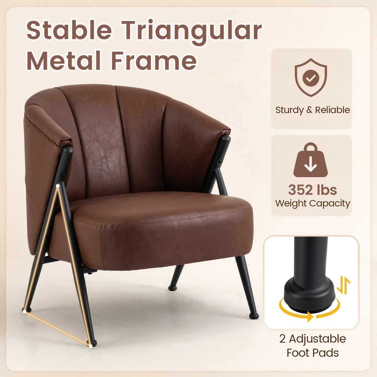 Mid Century Modern Accent Chair with Curved Backrest and Wide Seat Comfy Armchair-Brown view 8