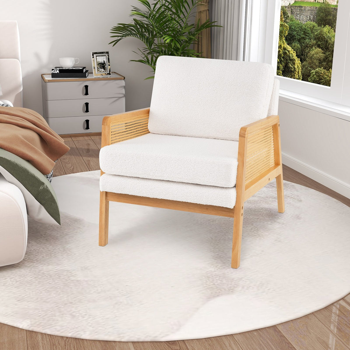 Mid Century Modern Accent Chair with Rattan Arms and Cushion-Natural view 3
