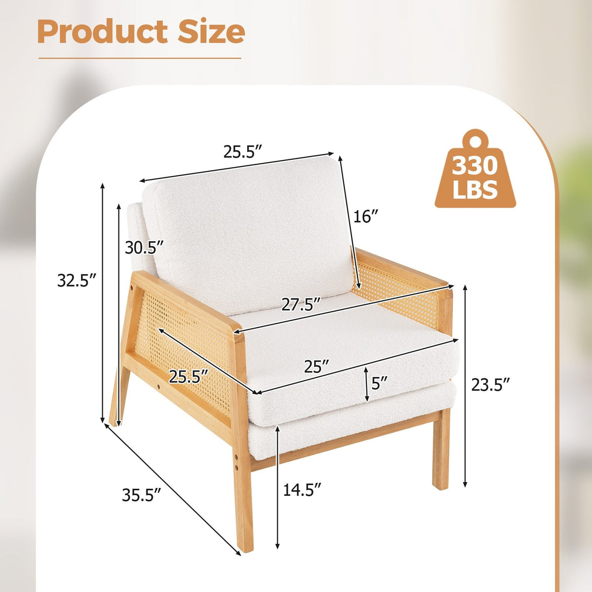 Mid Century Modern Accent Chair with Rattan Arms and Cushion-Natural view 4