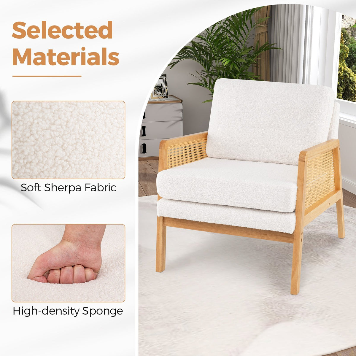 Mid Century Modern Accent Chair with Rattan Arms and Cushion-Natural view 5