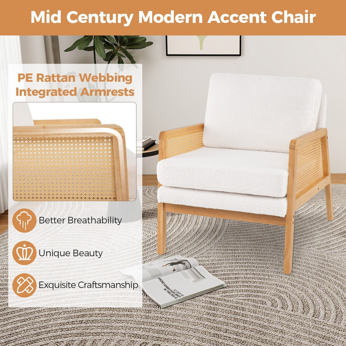 Mid Century Modern Accent Chair with Rattan Arms and Cushion-Natural view 7