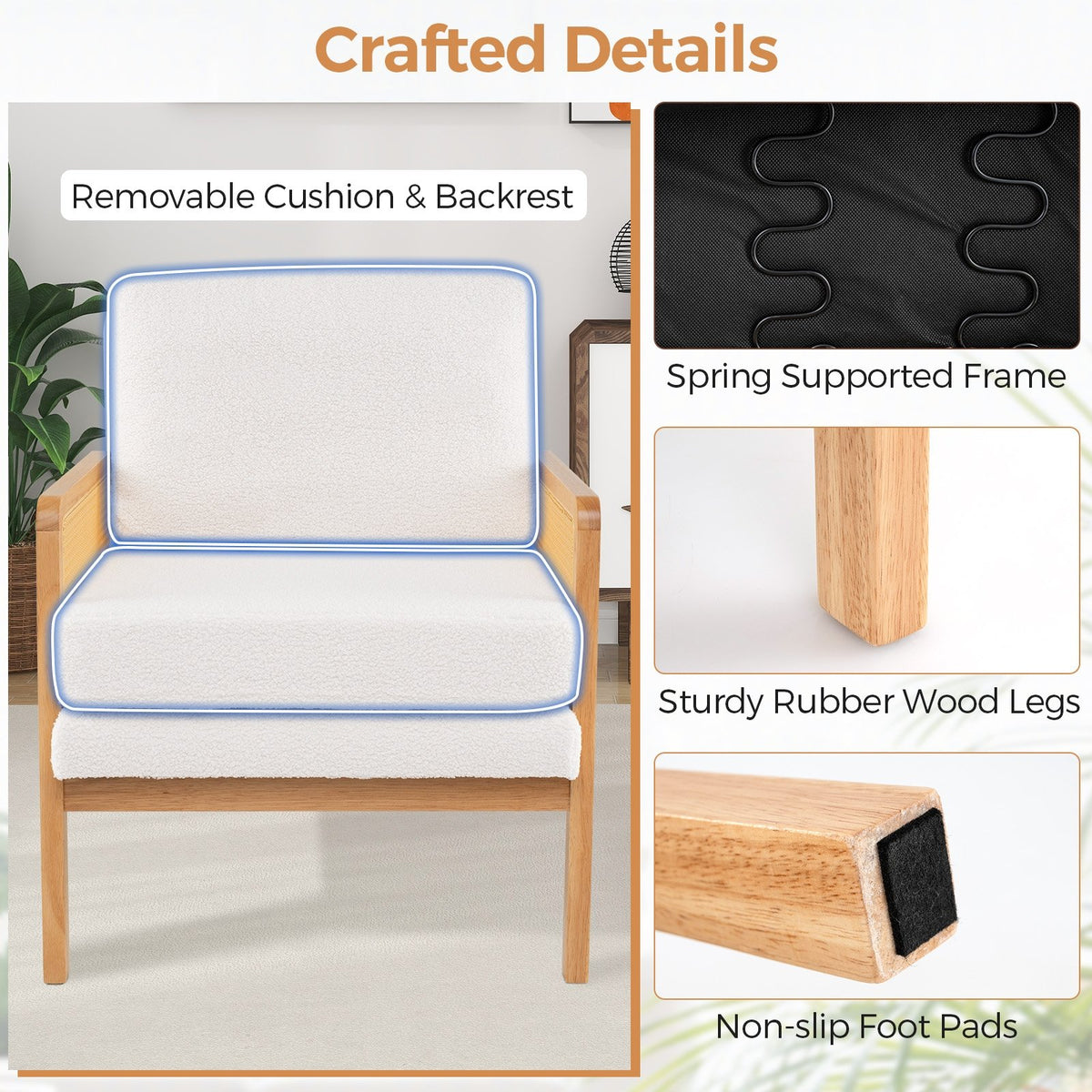Mid Century Modern Accent Chair with Rattan Arms and Cushion-Natural view 8