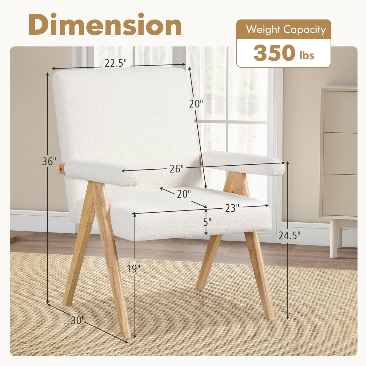 Mid Century Modern Accent Chair with Rubber Wood Frame and Padded Armrests-White view 4