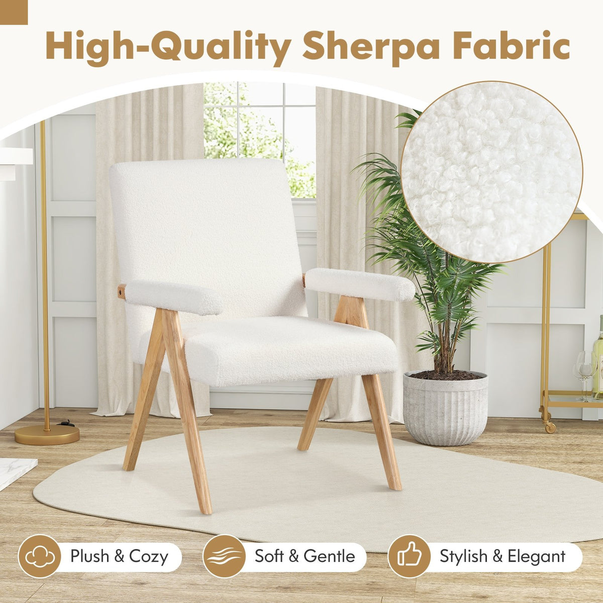 Mid Century Modern Accent Chair with Rubber Wood Frame and Padded Armrests-White view 5