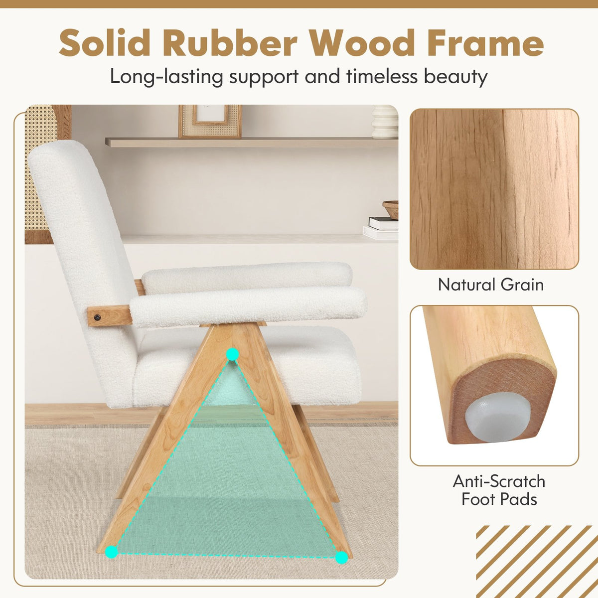 Mid Century Modern Accent Chair with Rubber Wood Frame and Padded Armrests-White view 7