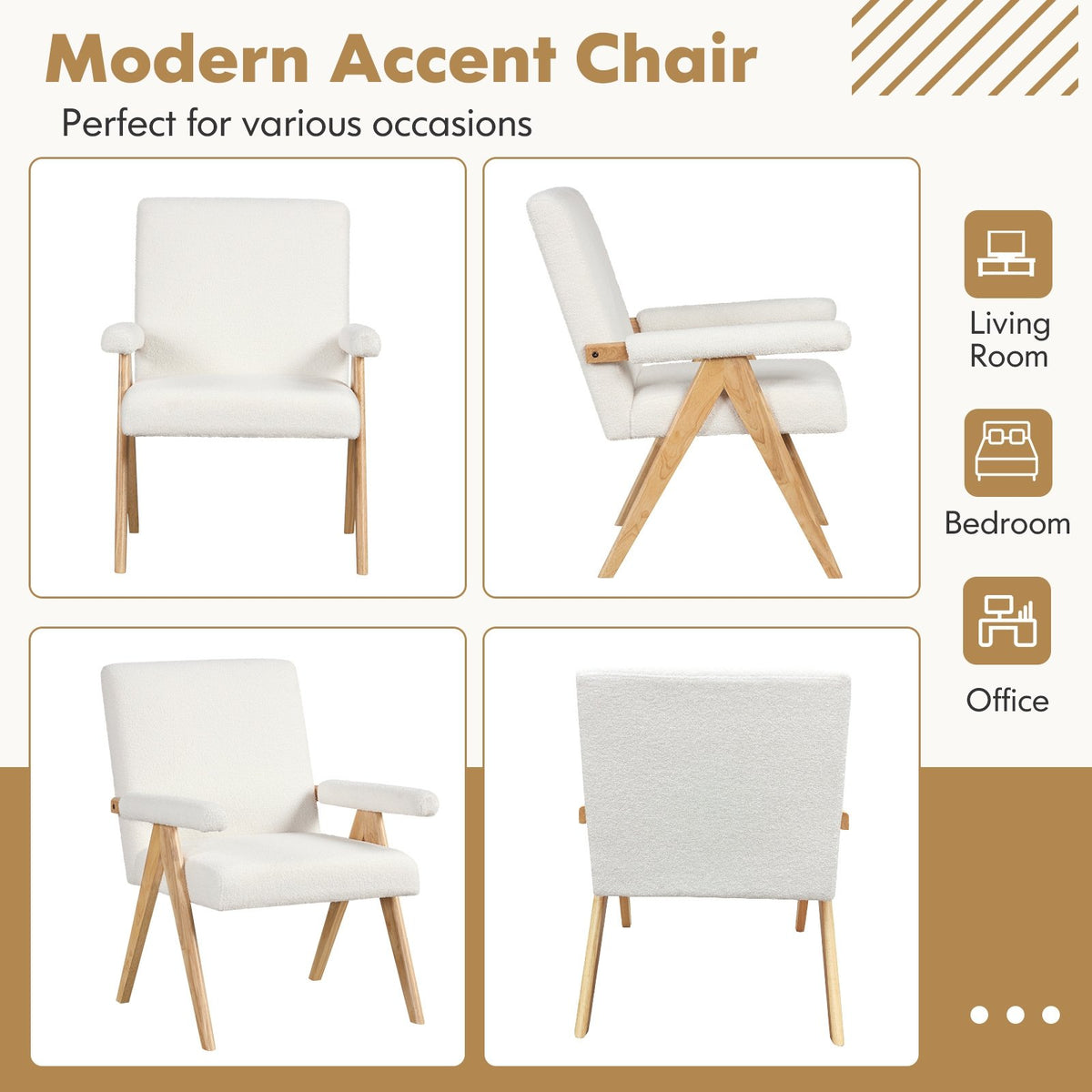 Mid Century Modern Accent Chair with Rubber Wood Frame and Padded Armrests-White view 8