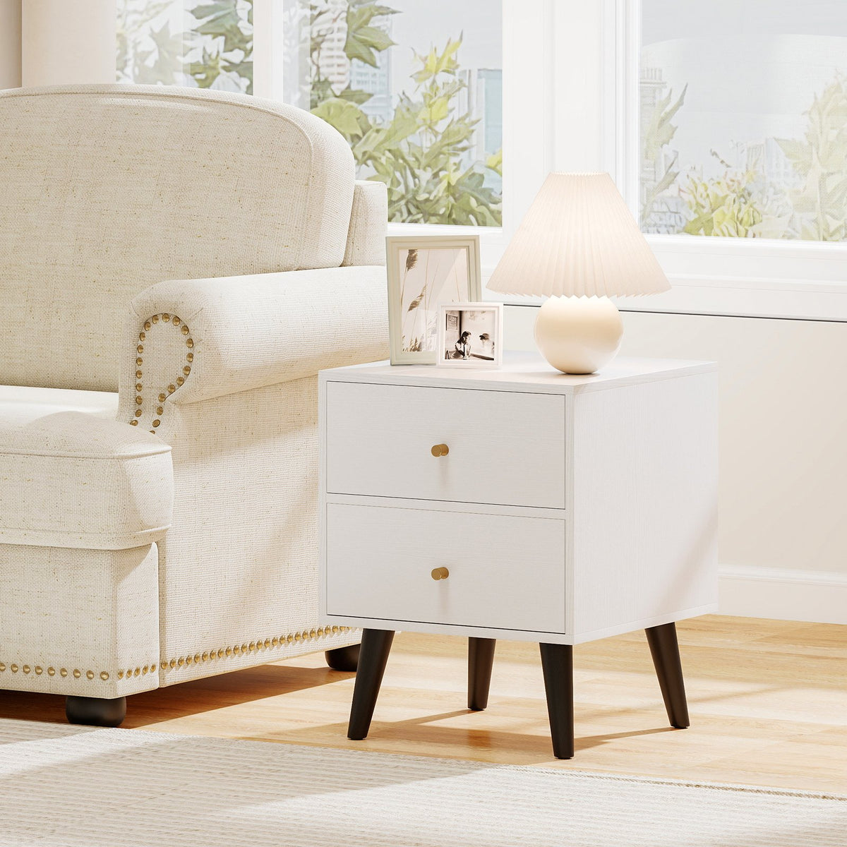 Mid Century Modern Bedside Table Nightstand with Golden Knobs and Raised Support Legs-White view 2