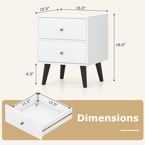 Mid Century Modern Bedside Table Nightstand with Golden Knobs and Raised Support Legs-White view 6
