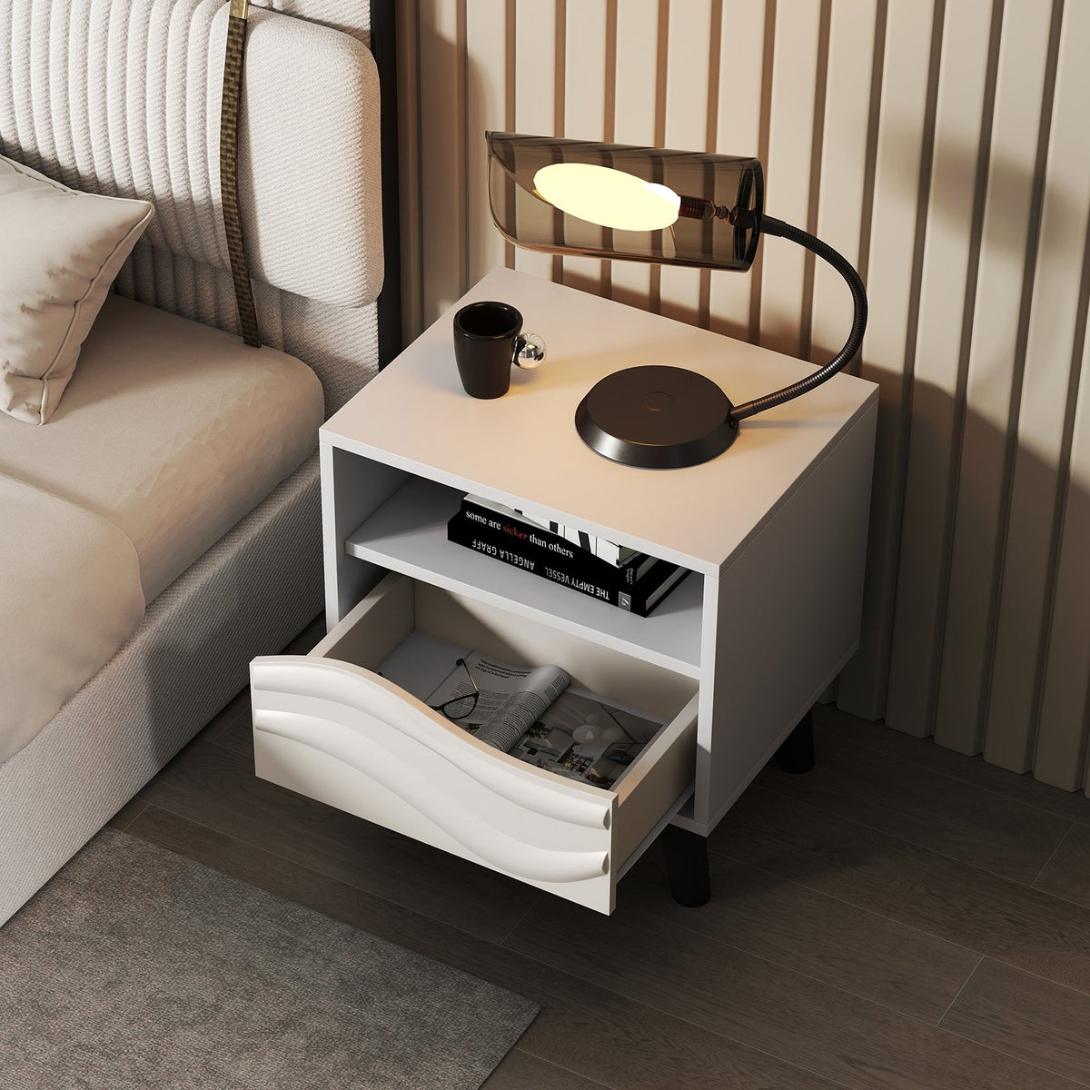 Nightstand Mid Century Modern Bedside Table with 3D Wavy Pattern and Open Shelf-White view 3