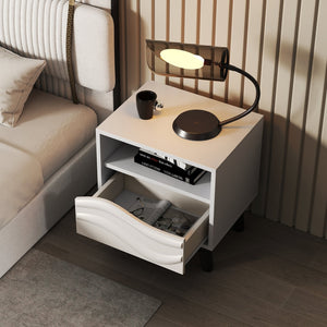 Nightstand Mid Century Modern Bedside Table with 3D Wavy Pattern and Open Shelf-White view 3