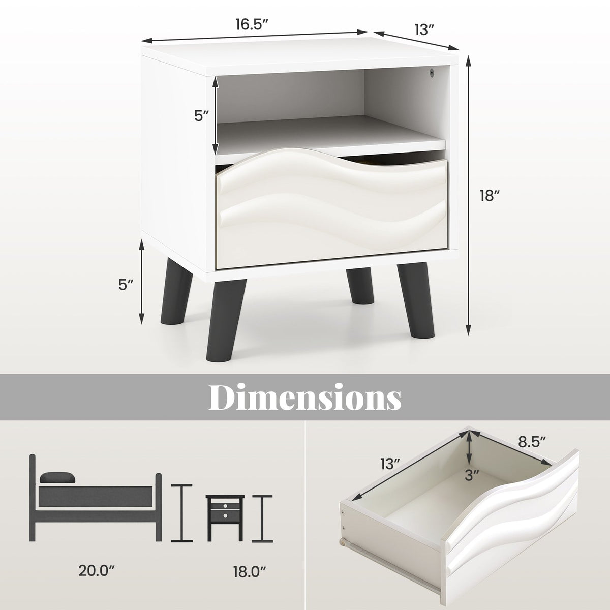 Nightstand Mid Century Modern Bedside Table with 3D Wavy Pattern and Open Shelf-White view 5