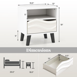 Nightstand Mid Century Modern Bedside Table with 3D Wavy Pattern and Open Shelf-White view 5