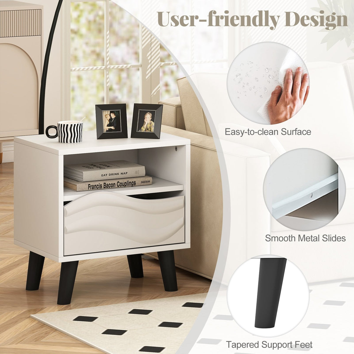Nightstand Mid Century Modern Bedside Table with 3D Wavy Pattern and Open Shelf-White view 8