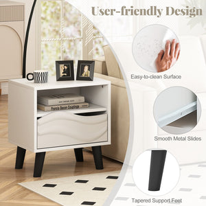 Nightstand Mid Century Modern Bedside Table with 3D Wavy Pattern and Open Shelf-White view 8