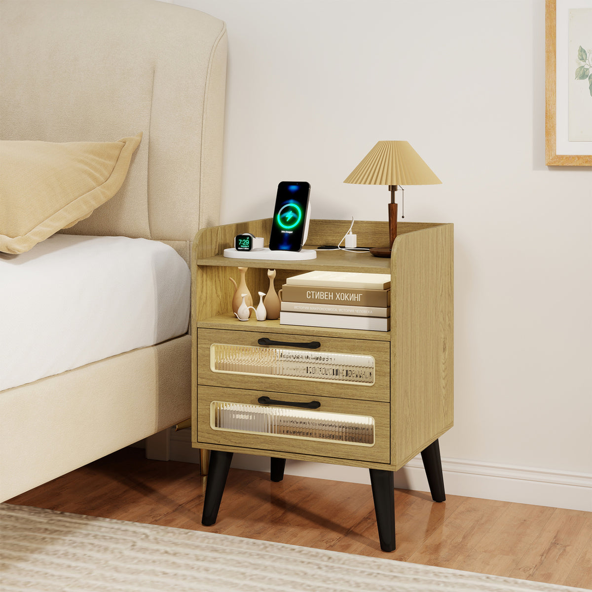 Mid Century Modern Nightstand with Charging Station and LED Lights-Natural view 2