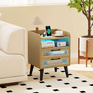 Mid Century Modern Nightstand with Charging Station and LED Lights-Natural view 3