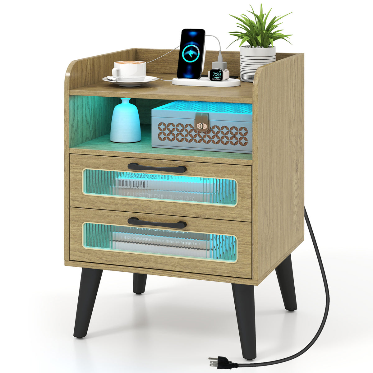 Mid Century Modern Nightstand with Charging Station and LED Lights-Natural view 4
