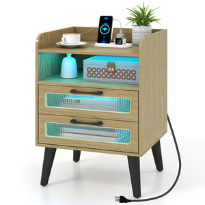 Mid Century Modern Nightstand with Charging Station and LED Lights-Natural view 4