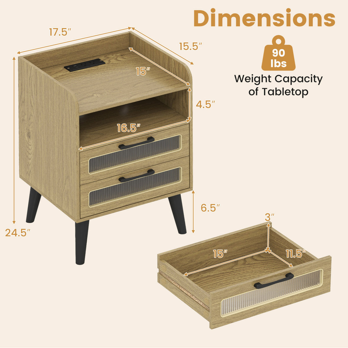 Mid Century Modern Nightstand with Charging Station and LED Lights-Natural view 5