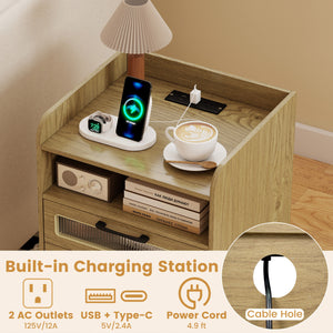 Mid Century Modern Nightstand with Charging Station and LED Lights-Natural view 6