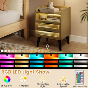 Mid Century Modern Nightstand with Charging Station and LED Lights-Natural view 7