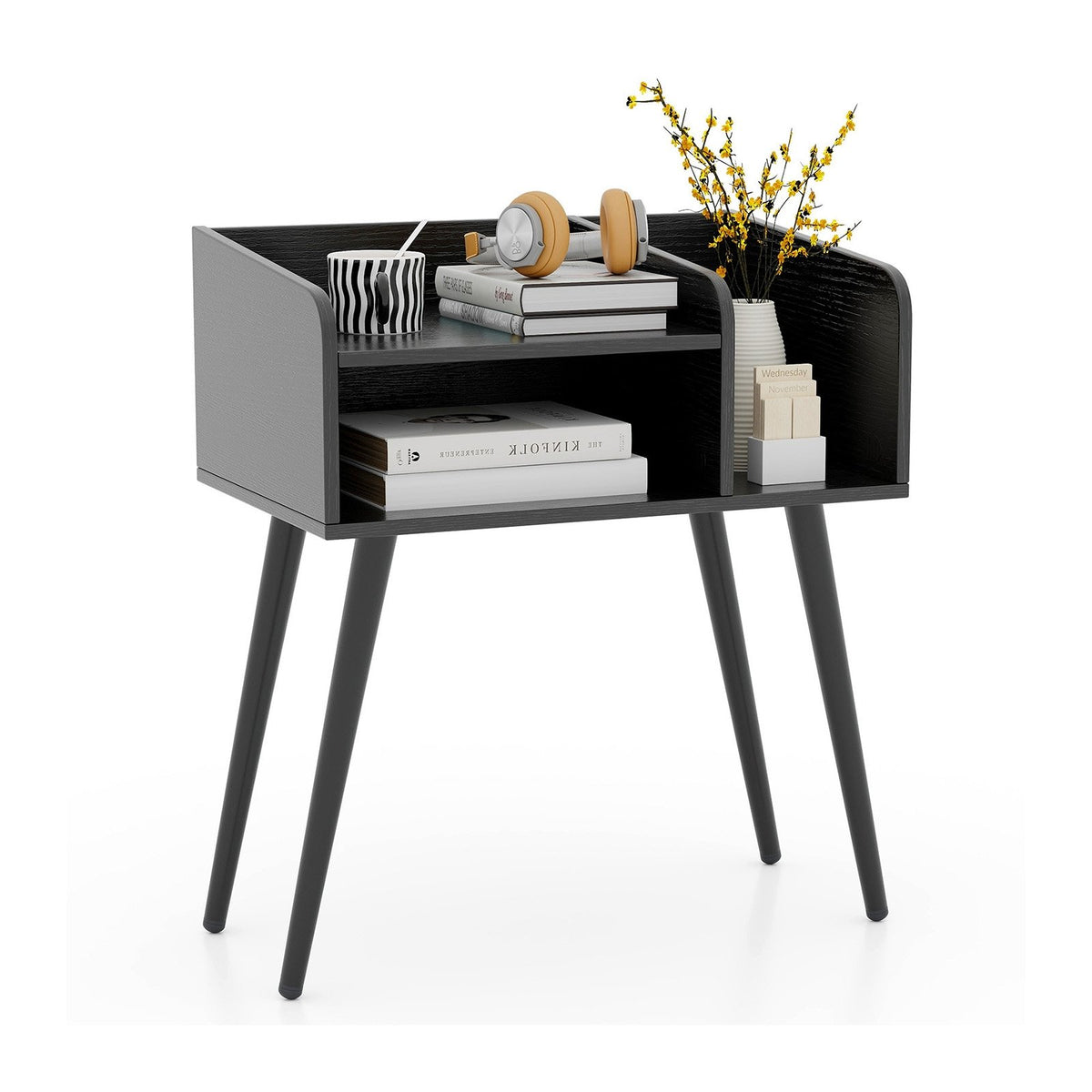 Mid Century Modern Nightstand, with Open Shelves-Black