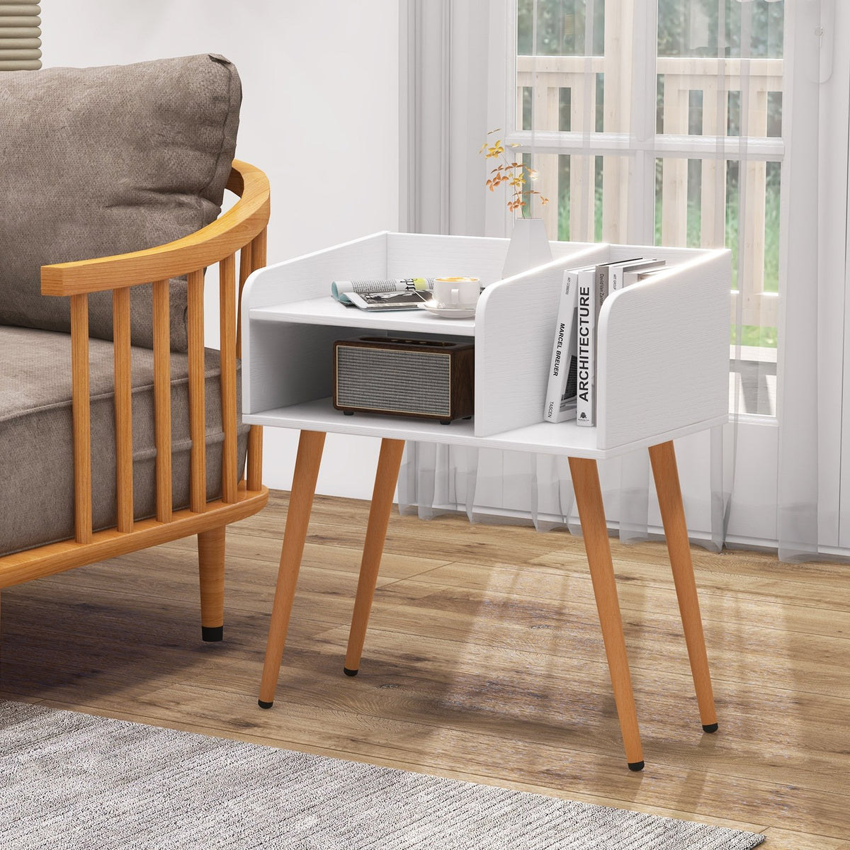 Mid Century Modern Nightstand, with Open Shelves-White view 2